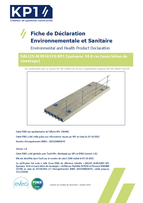 FDES KP1 dalle alvéolée béton épaisseur 24 cm sans béton de clavetage